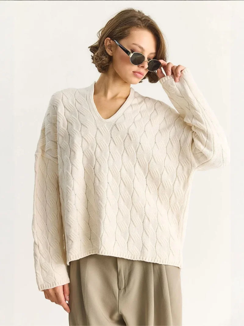 Bianco Lucci Cream Natural LUCCI Relaxed Fit V-Neck Textured Knit Sweater for Women | Best Price UAE