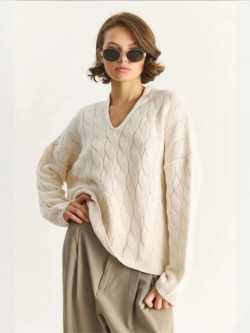 Bianco Lucci Cream Natural LUCCI Relaxed Fit V-Neck Textured Knit Sweater for Women | Best Price UAE