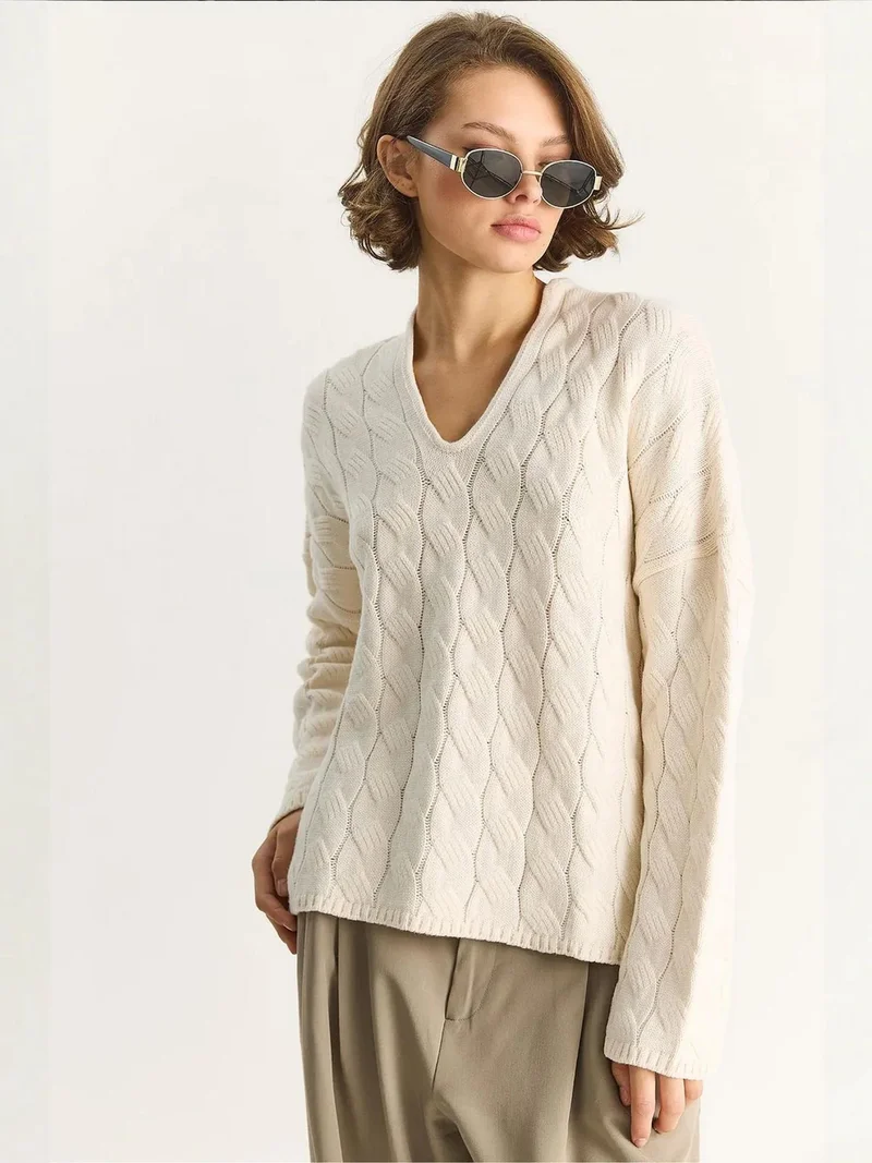 Bianco Lucci Cream Natural LUCCI Relaxed Fit V-Neck Textured Knit Sweater for Women | Best Price UAE