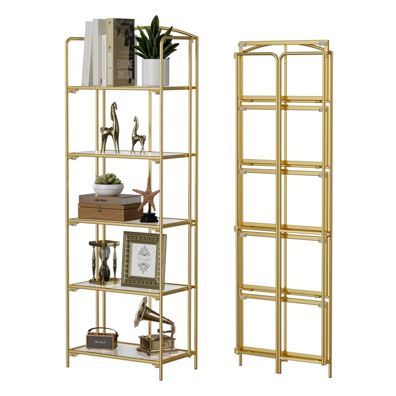 Crofy No Assembly Folding Bookshelf for Living Room 5 Tier Gold Collapsible Book Shelf for Home Office Portable Bookcase Storage Organizer
