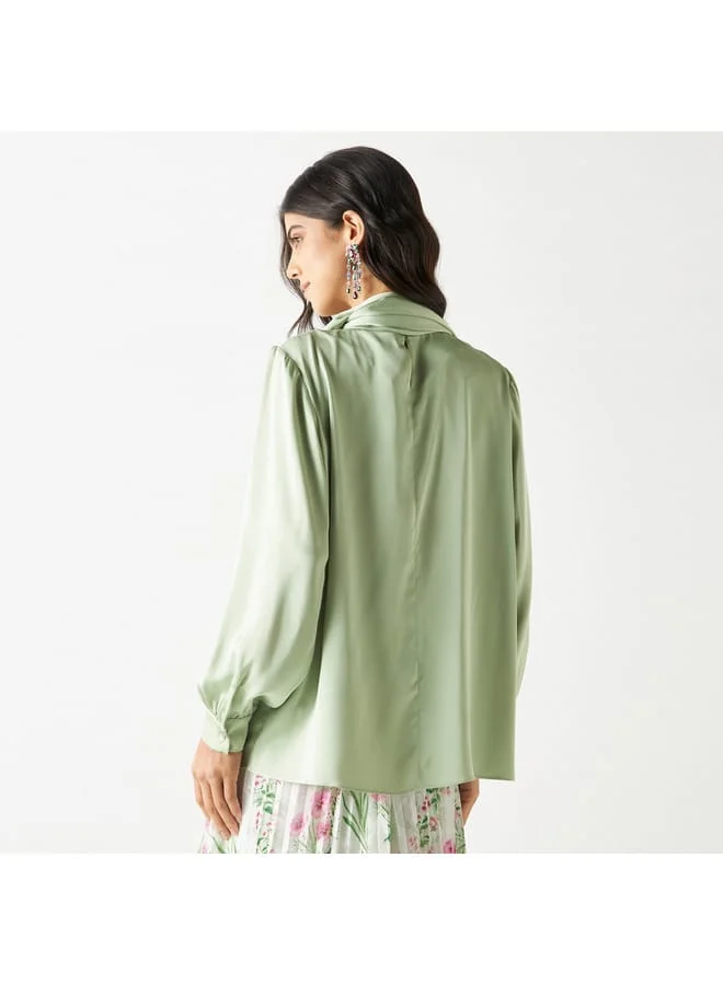 Iconic Iconic Solid Draped Top with High Neck and Long Sleeves