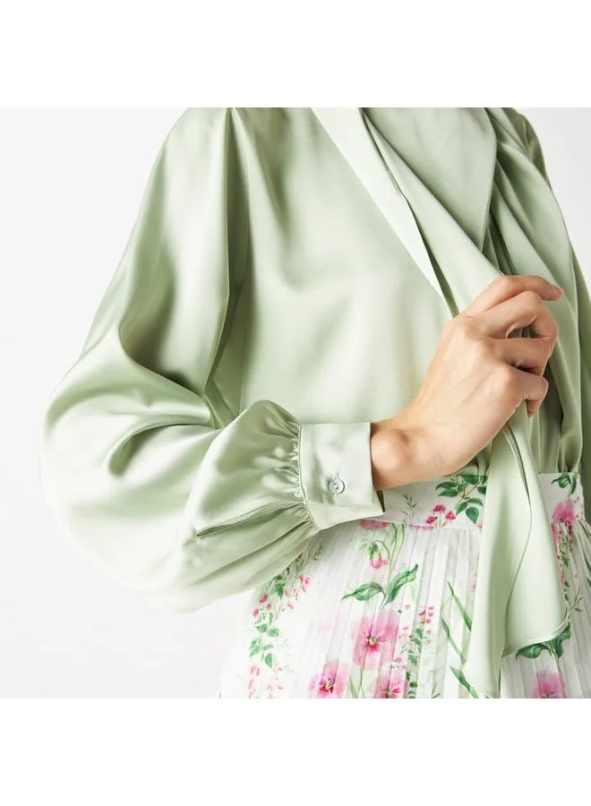 Iconic Iconic Solid Draped Top with High Neck and Long Sleeves