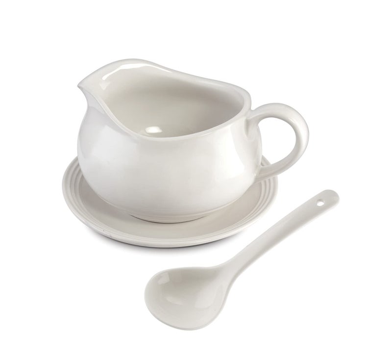 ZENVY 24 Oz Gravy Boat  Ceramic White Gravy Dish Set  Includes Gravy Boat Saucer and Spoon White 