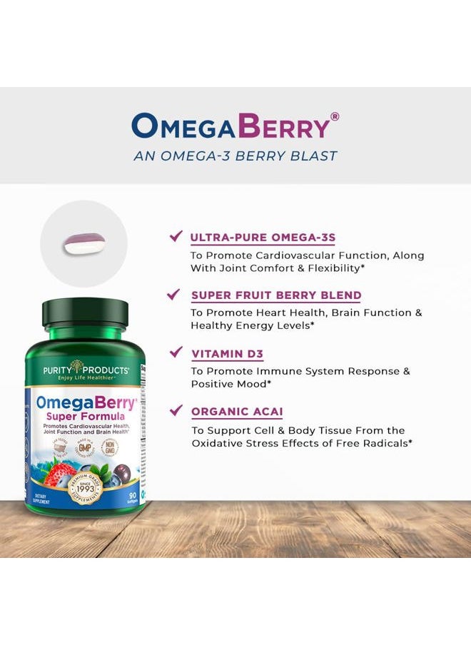 Purity Products - OmegaBerry Fish Oil w/Vitamin D3 + Organic Acai Super Formula - 1875 mg of Concentrated, Molecularly Distilled, Ultra Pure Omega-3s 1080 mg EPA + 720mg DHA + 120 mg DPA - 90 Count - Image 1