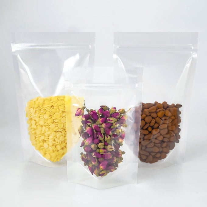 100 PCS RESEALABLE BAGS39 X 59CLEAR STAND UP FOOD BAGSZIP LOCK FOOD STORAGE BAGS FOR PACKAGING PRODUCTSHERBSSNACKTEASPICESPET FOOD AND SOAPS