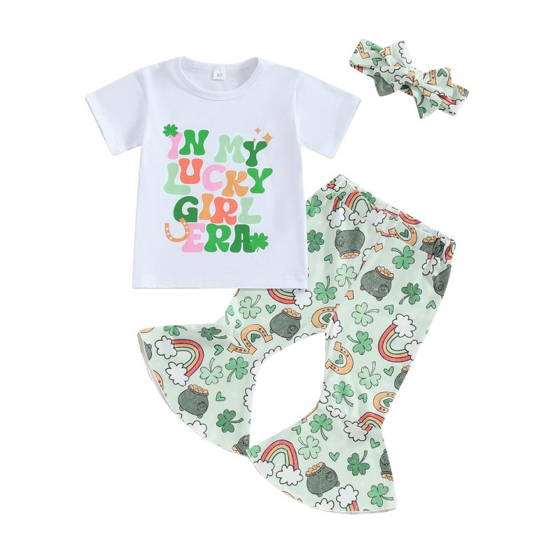 Socutebabe Toddler Baby Girl Clothes My 1st St. Patrick's Day Outfit Shamrock T-Shirt Tops Bell-Bottoms Spring Girl Clothes (Lucky Girl Green4-5T) - Image 1