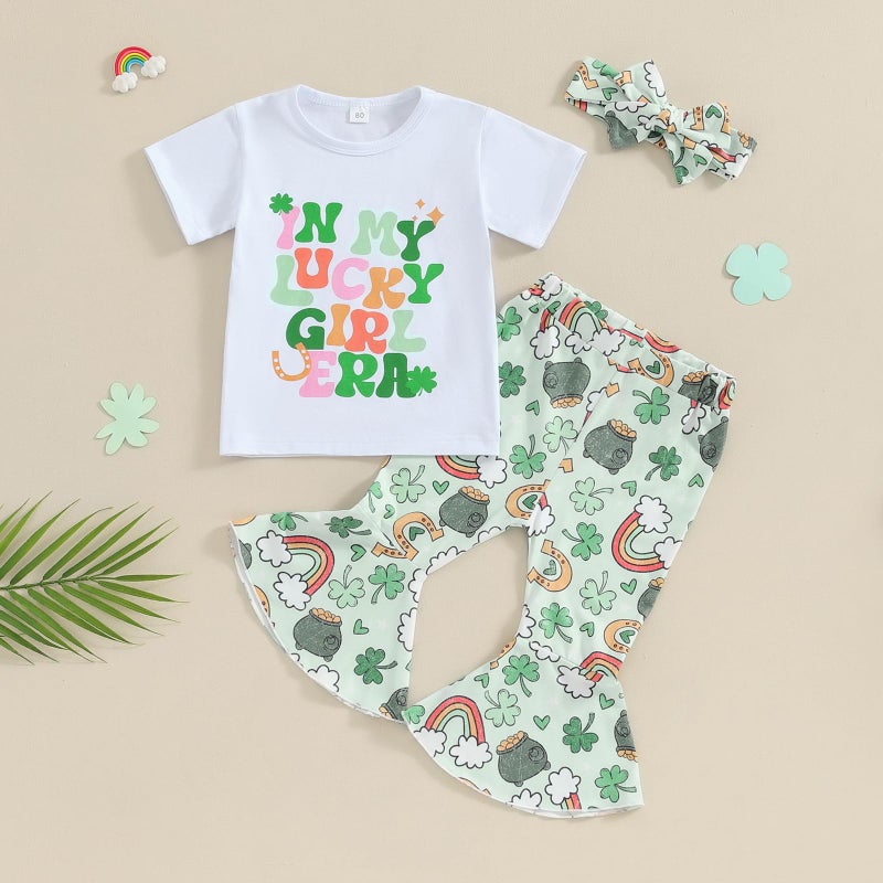 Socutebabe Toddler Baby Girl Clothes My 1st St. Patrick's Day Outfit Shamrock T-Shirt Tops Bell-Bottoms Spring Girl Clothes (Lucky Girl Green4-5T) - Image 2