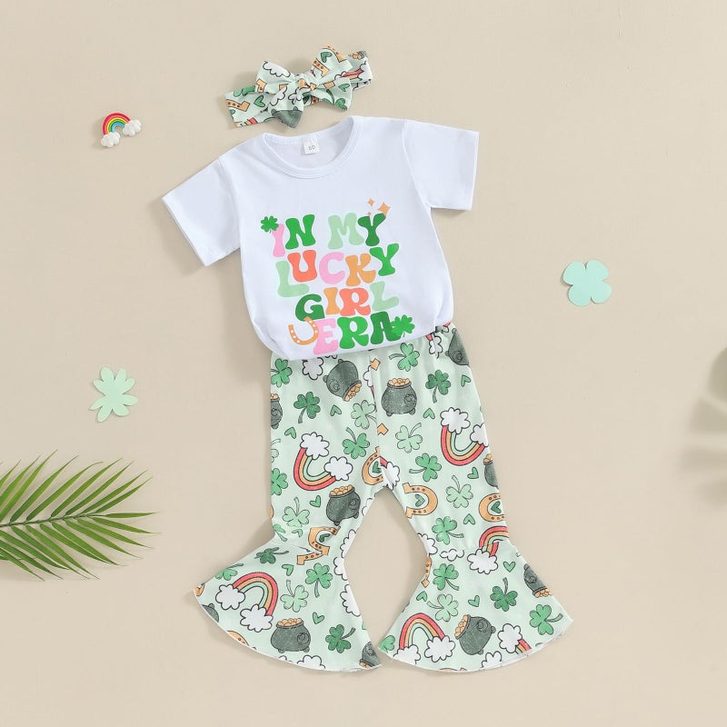 Socutebabe Toddler Baby Girl Clothes My 1st St. Patrick's Day Outfit Shamrock T-Shirt Tops Bell-Bottoms Spring Girl Clothes (Lucky Girl Green4-5T) - Image 3
