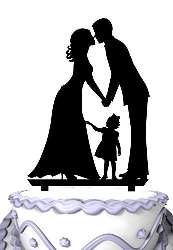 Meijiafei Bride and Groom Acrylic Funny Wedding Cake Stand Black Wedding Birthday Kissing Cake Toppers Cake Decorations Cake Topper with Little Girl - Image 1