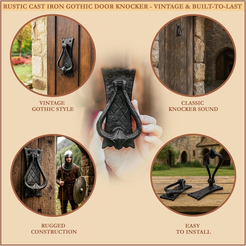 SaKeGa Store Medieval Cast Iron Door Knocker 11.5 cm x 4.8 cm (4½ in x 1⅞ in) | 1 Pc Vintage Antique Black Heavy-Duty Door Knocker with Mounting Hardware - Image 4