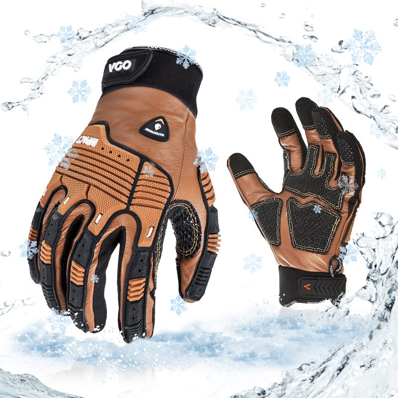 VGO Vgo... 1 Pair -20℃/-4°F COLDPROOF,Winter Work Leather Gloves,Mechanics Gloves,Impact Gloves,Anti-Vibration,Water Resistant(S,Brown,CA7722FW)  - Image 1