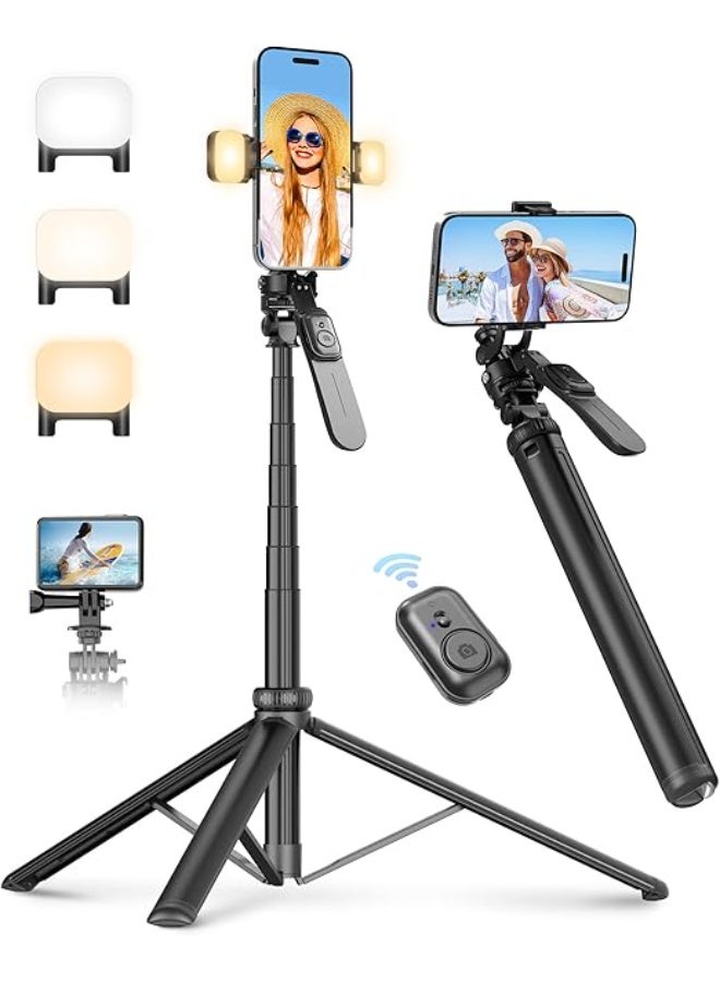 200CM / 78.7" Adjustable Tripod with Selfie Stick, Anti-Shake Handle, Video Light & Remote – Compatible with iPhone, Android, GoPro, Insta360 - Image 1
