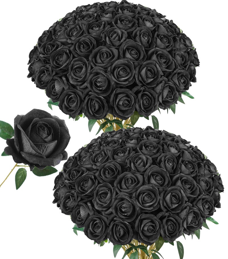 HyeFlora 50 PCS Black Roses Artificial Flowers, Fake Roses with Stem Realistic Silk Roses for DIY Wedding Bouquets Table Centerpieces Arrangements Baby Shower Birthday Home Decor Valentine's Day Gift for Her - Image 1