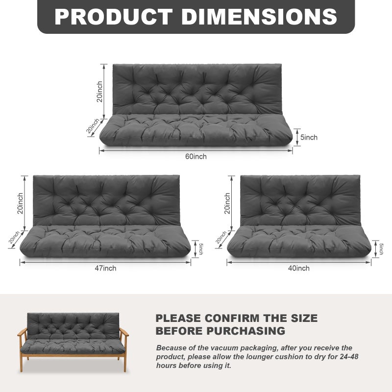 GPQAWER Porch Swing Cushions,Outdoor Cushions 3 Seater Replacement with Backrest, Waterproof Thickened Bench Cushion with Ties for Porch, Patio,Outdoor, Backyard and Garden(Dark Gray 60 * 40 in) - Image 2