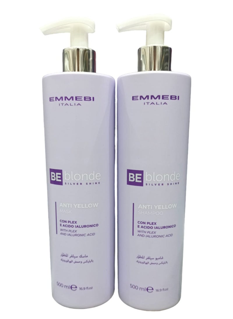 EMMEBI ITALIA Shampoo 500 ml and Conditioner 500 ml Silver Developed With Plex and Hyaluronic Acid  Special for Dyed Hair to Yellow and Gray Colours. 