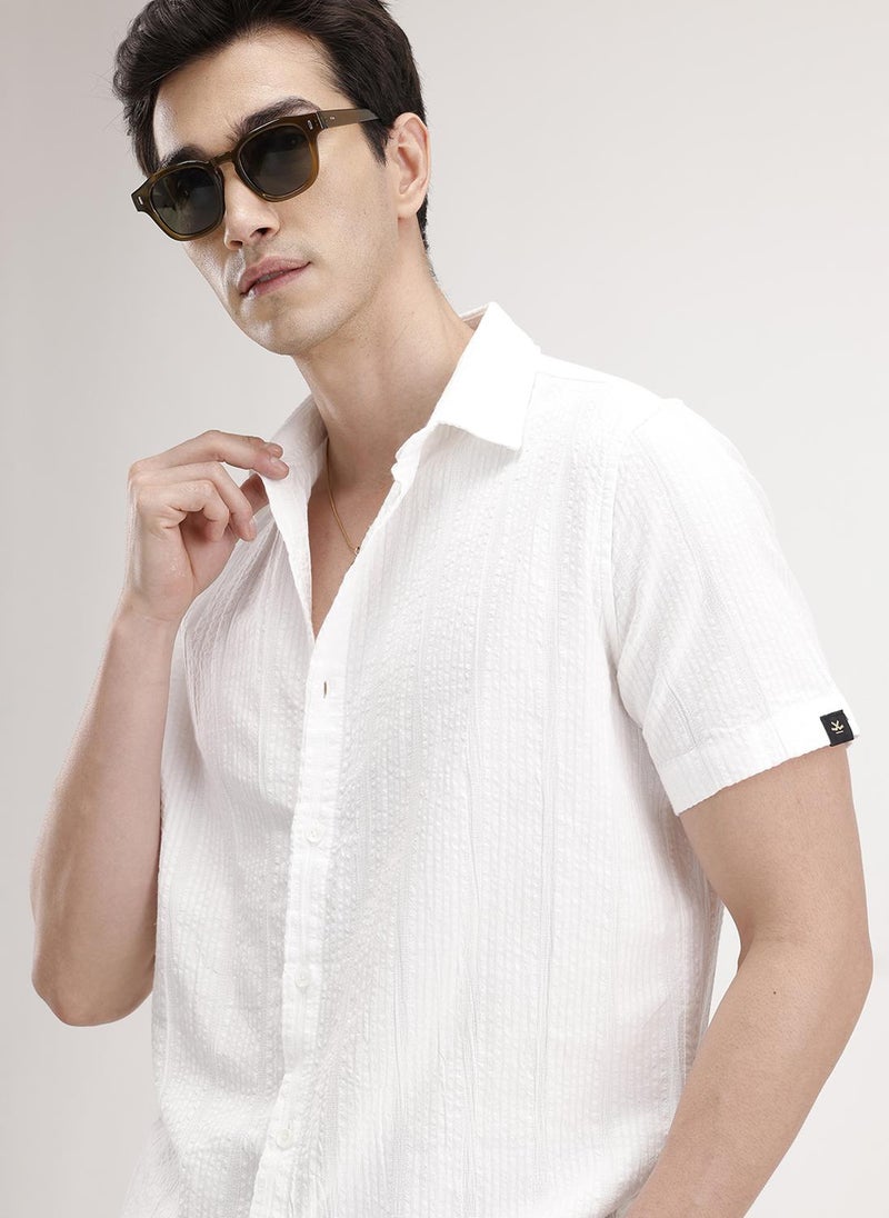 Wrogn Slim Fit Textured Half Sleeve Shirt | White - Image 4
