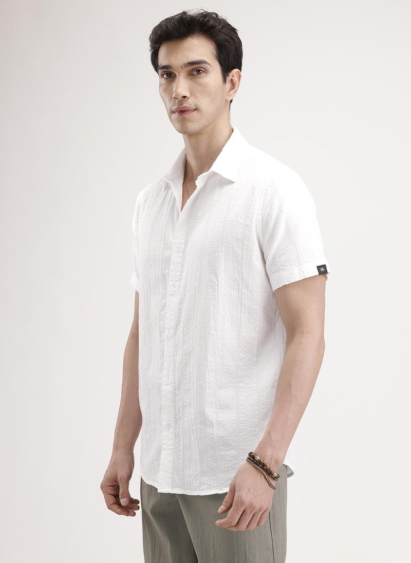 Wrogn Slim Fit Textured Half Sleeve Shirt | White - Image 1