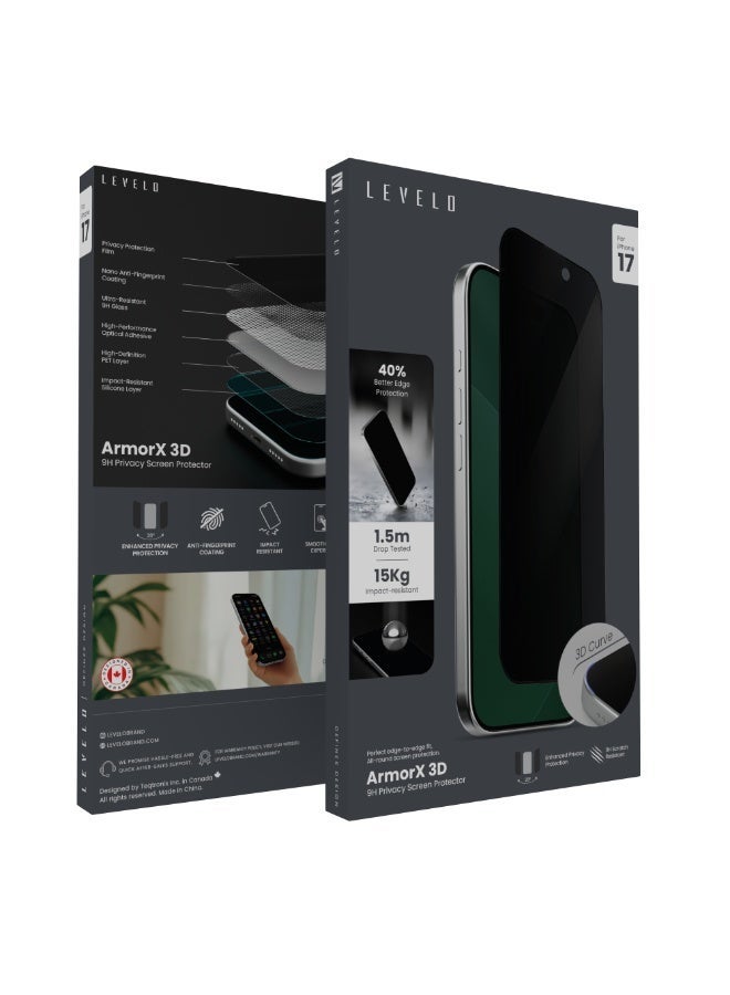 LEVELO ArmorX 3D 9H Screen Protector iPhone 17 with Privacy Protection Film & Anti-Fingerprint Coating / 1.5m Drop Tested / Oleophobic Coating / High-Definition PET Layer - Privacy - Image 2