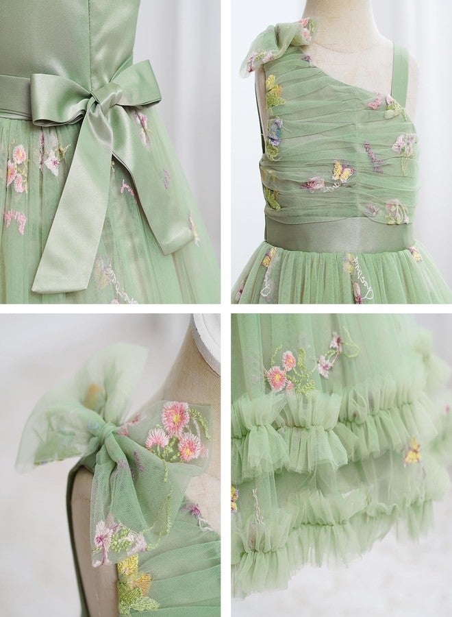 ODOLDI Kids Girls Birthday Party Dress Asymmetric Shoulder Straps Ruched Tulle Tutu Ruffle Dress Cake Crush Green 5-6 Years - Image 5