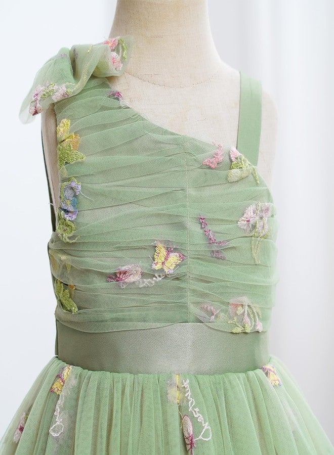 ODOLDI Kids Girls Birthday Party Dress Asymmetric Shoulder Straps Ruched Tulle Tutu Ruffle Dress Cake Crush Green 5-6 Years - Image 2
