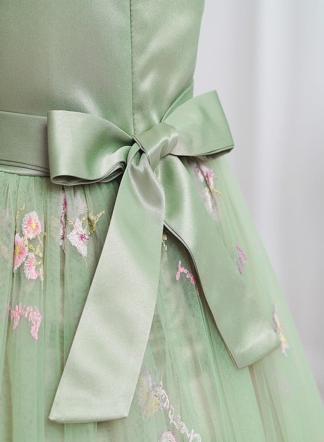 ODOLDI Kids Girls Birthday Party Dress Asymmetric Shoulder Straps Ruched Tulle Tutu Ruffle Dress Cake Crush Green 5-6 Years - Image 4