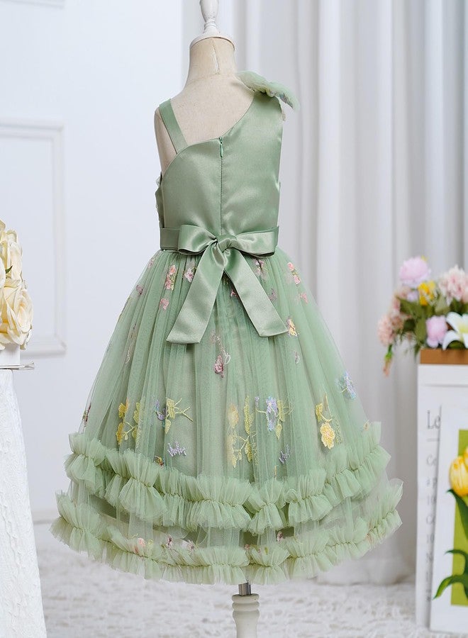 ODOLDI Kids Girls Birthday Party Dress Asymmetric Shoulder Straps Ruched Tulle Tutu Ruffle Dress Cake Crush Green 5-6 Years - Image 3