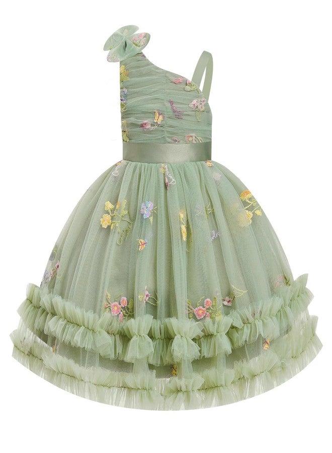 ODOLDI Kids Girls Birthday Party Dress Asymmetric Shoulder Straps Ruched Tulle Tutu Ruffle Dress Cake Crush Green 5-6 Years - Image 1