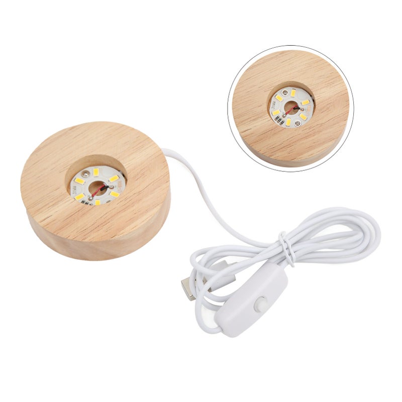 LED Light Base USB Interface Oak Wood Material Round 2cm/0.8in Thickness Glowing Decorative Display Lamp for Home 5VWhite Light Base - Image 5