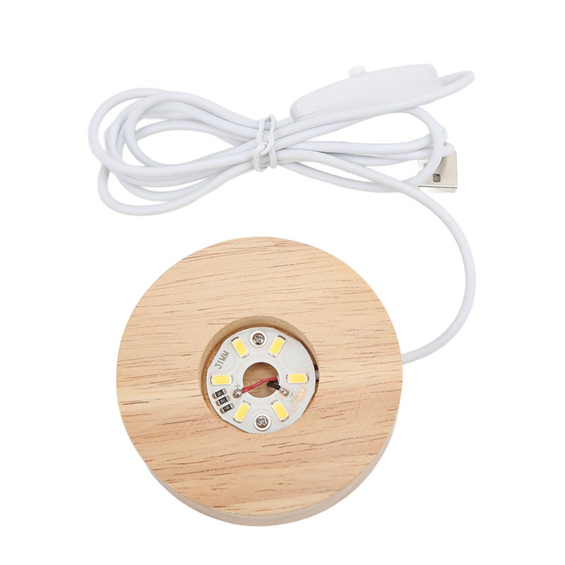 LED Light Base USB Interface Oak Wood Material Round 2cm/0.8in Thickness Glowing Decorative Display Lamp for Home 5VWhite Light Base - Image 4
