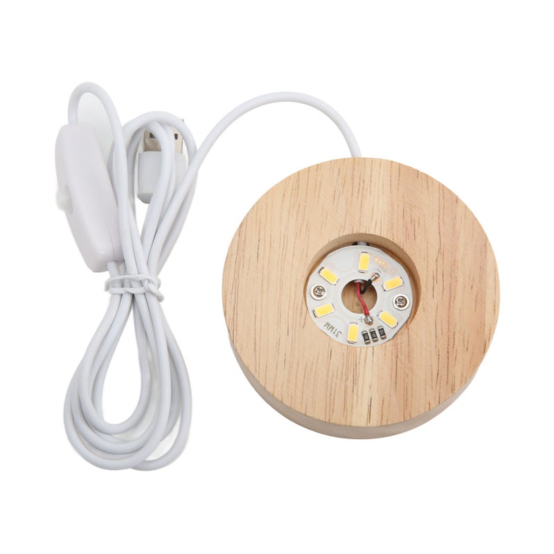LED Light Base USB Interface Oak Wood Material Round 2cm/0.8in Thickness Glowing Decorative Display Lamp for Home 5VWhite Light Base - Image 1