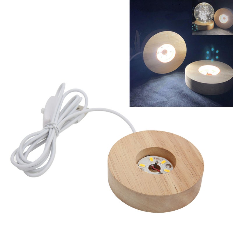 LED Light Base USB Interface Oak Wood Material Round 2cm/0.8in Thickness Glowing Decorative Display Lamp for Home 5VWhite Light Base - Image 3