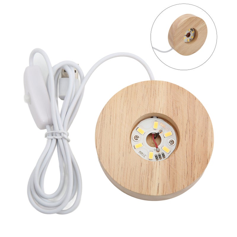 LED Light Base USB Interface Oak Wood Material Round 2cm/0.8in Thickness Glowing Decorative Display Lamp for Home 5VWhite Light Base - Image 2