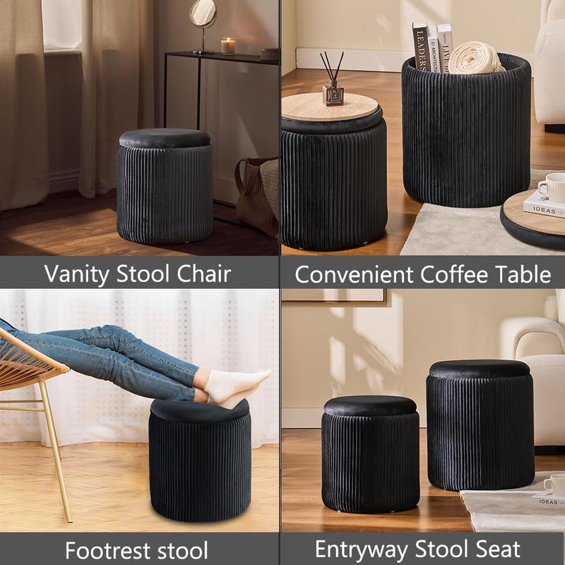 BLEXA Round Set of 2 Ottoman with Storage-Upholstered Velvet Vanity Stool for MakeupMultifunctional Ottomans Coffee Table Padded Seat Foot Rest for Living Room&Bedroom (Black) - Image 5