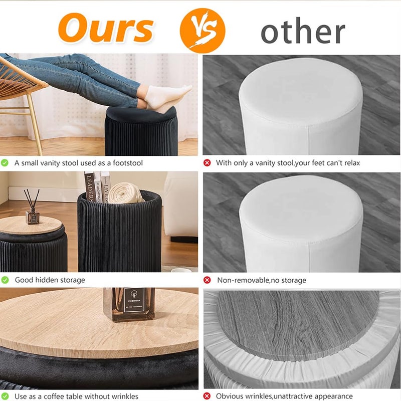 BLEXA Round Set of 2 Ottoman with Storage-Upholstered Velvet Vanity Stool for MakeupMultifunctional Ottomans Coffee Table Padded Seat Foot Rest for Living Room&Bedroom (Black) - Image 4