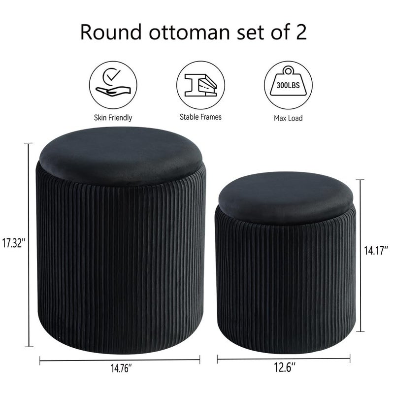 BLEXA Round Set of 2 Ottoman with Storage-Upholstered Velvet Vanity Stool for MakeupMultifunctional Ottomans Coffee Table Padded Seat Foot Rest for Living Room&Bedroom (Black) - Image 3