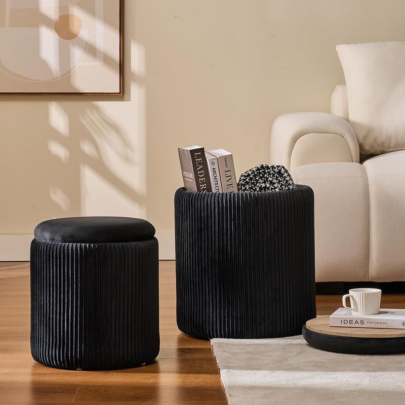 BLEXA Round Set of 2 Ottoman with Storage-Upholstered Velvet Vanity Stool for MakeupMultifunctional Ottomans Coffee Table Padded Seat Foot Rest for Living Room&Bedroom (Black) - Image 2
