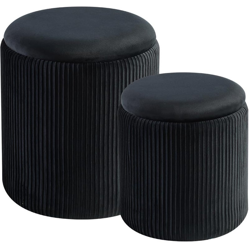 BLEXA Round Set of 2 Ottoman with Storage-Upholstered Velvet Vanity Stool for MakeupMultifunctional Ottomans Coffee Table Padded Seat Foot Rest for Living Room&Bedroom (Black) - Image 1