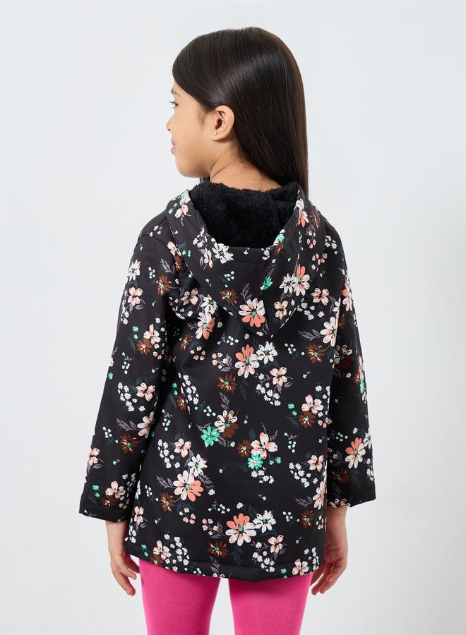 Styli Girls Floral Print Fur Lined Hooded Jacket - Image 4
