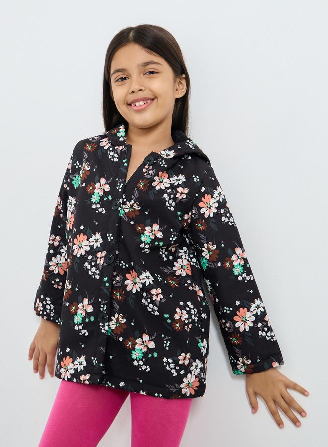 Styli Girls Floral Print Fur Lined Hooded Jacket - Image 1
