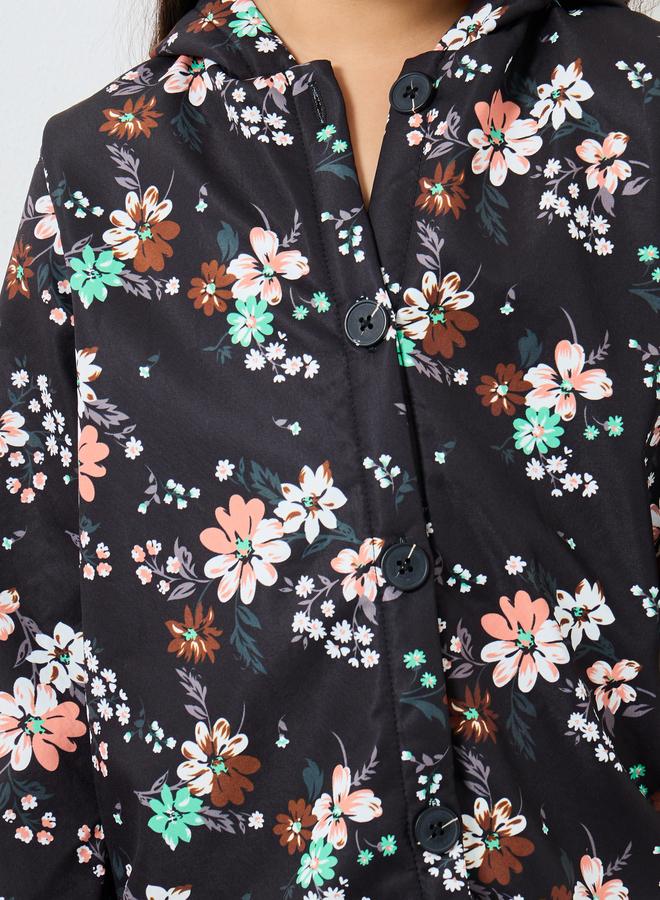 Styli Girls Floral Print Fur Lined Hooded Jacket - Image 3