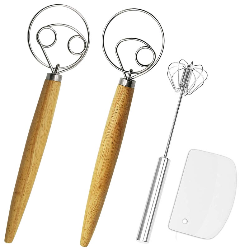 Listenman Danish Dough Whisk Bread Mixer Egg Whisk Kits 2 Pack Premium Stainless Steel Dutch 1 Pack Hand Push Rotary Blender for Pastry Pizza Dough with a Dough Scraper for Bread