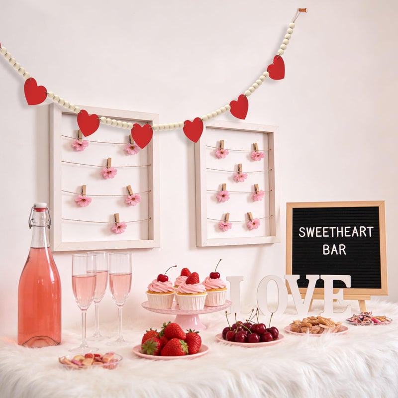 Lxzyu Valentines Day Decorations - Wood Bead Garland with Felt Red Hearts for Valentines Day Decor, Valentine Heart Garland Valentine's Banner for Galentines Day Decorations, Farmhouse, Wedding, Anniversary - Image 2