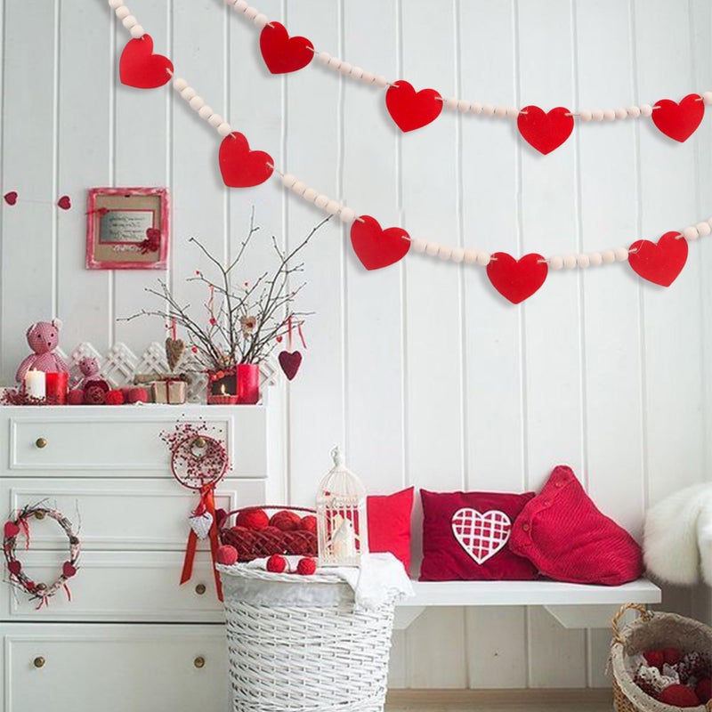 Lxzyu Valentines Day Decorations - Wood Bead Garland with Felt Red Hearts for Valentines Day Decor, Valentine Heart Garland Valentine's Banner for Galentines Day Decorations, Farmhouse, Wedding, Anniversary - Image 5