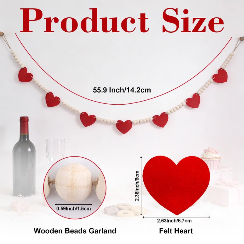 Lxzyu Valentines Day Decorations - Wood Bead Garland with Felt Red Hearts for Valentines Day Decor, Valentine Heart Garland Valentine's Banner for Galentines Day Decorations, Farmhouse, Wedding, Anniversary - Image 3
