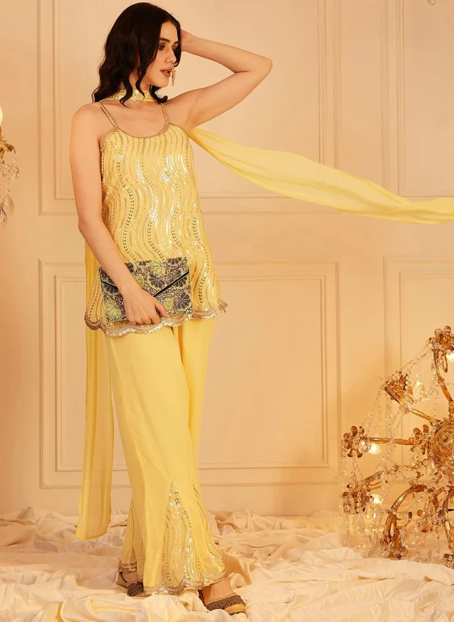 Indo Street Embroidered Yellow Kurti With Sharara & Dupatta For Women