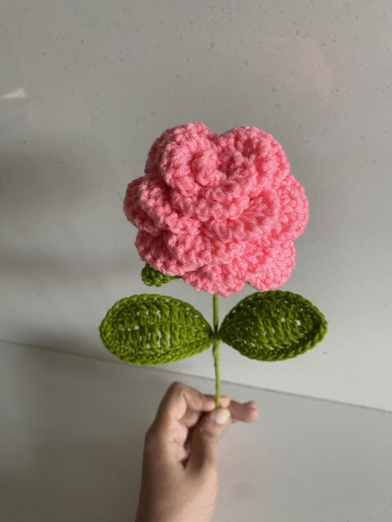 Generic Handmade Crochet Flower Stem, Pink Rose with Green Leaves, Decorative Artificial Rose, 30 cm Approx.  - Image 2