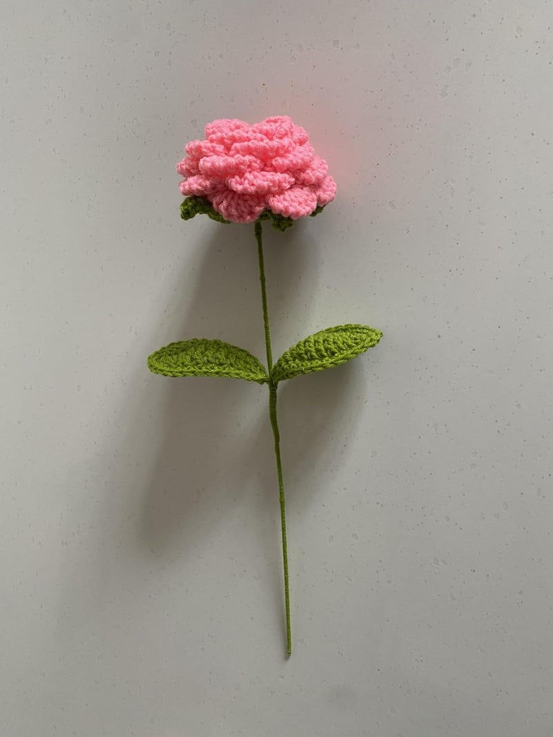 Generic Handmade Crochet Flower Stem, Pink Rose with Green Leaves, Decorative Artificial Rose, 30 cm Approx.  - Image 1