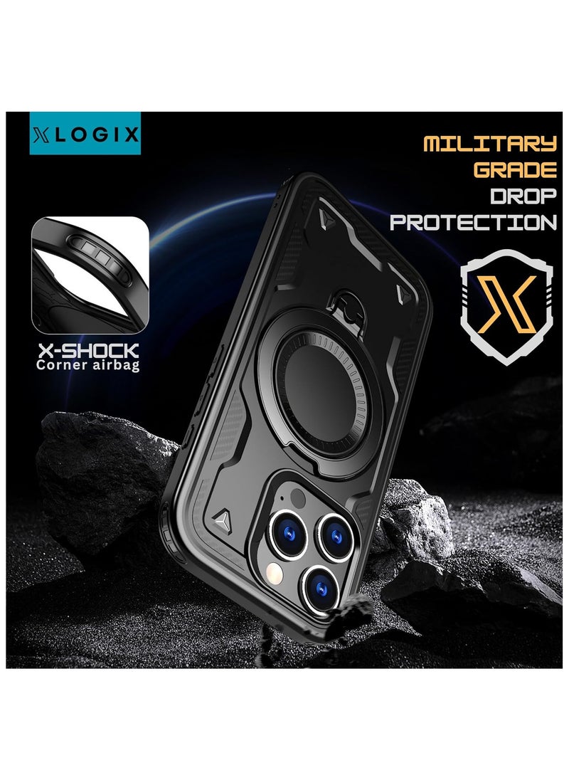 XLogiX for iPhone 16 Pro Max Armoured Case with Built-in Kickstand | Heavy-Duty Protection | Shockproof | Slim Design | Compatible with MagSafe Accessories, ArmourX Series - BLACK