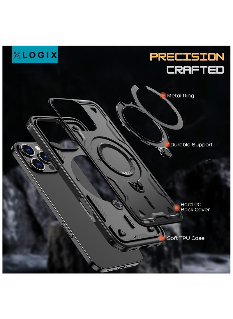 XLogiX for iPhone 16 Pro Max Armoured Case with Built-in Kickstand | Heavy-Duty Protection | Shockproof | Slim Design | Compatible with MagSafe Accessories, ArmourX Series - BLACK