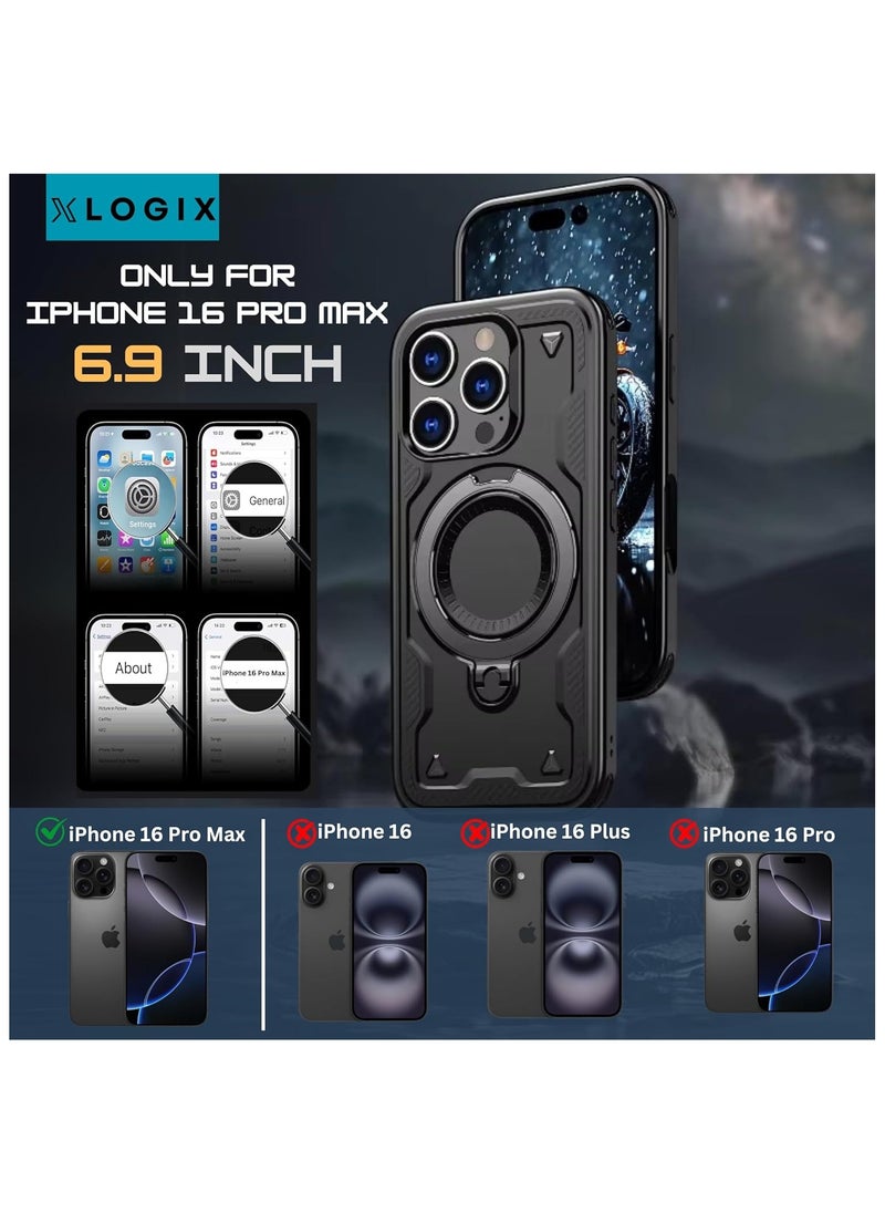 XLogiX for iPhone 16 Pro Max Armoured Case with Built-in Kickstand | Heavy-Duty Protection | Shockproof | Slim Design | Compatible with MagSafe Accessories, ArmourX Series - BLACK